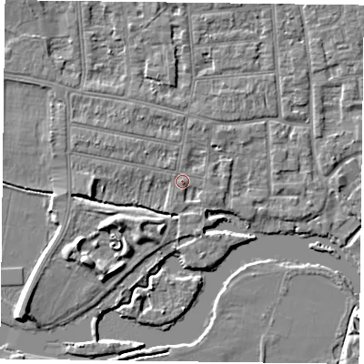 Shaded relief map of the ground around RG48EF, computed from Environment Agency LiDAR. The ground here sits at about 38 m above sea level and falls 7 m across the surrounding 800 m. Surface water reaching this point runs off ground lying to the west, 1.9 m higher.