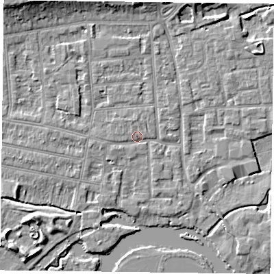 Shaded relief map of the ground around RG48EG, computed from Environment Agency LiDAR. The ground here sits at about 37 m above sea level and falls 8 m across the surrounding 800 m. Surface water reaching this point runs off ground lying to the west, 1.6 m higher.