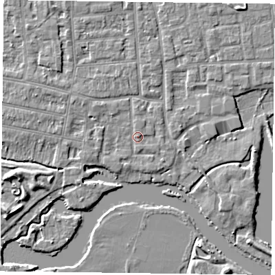 Shaded relief map of the ground around RG48EH, computed from Environment Agency LiDAR. The ground here sits at about 38 m above sea level and falls 6 m across the surrounding 800 m. Surface water reaching this point runs off ground lying to the north-north-east, 1.1 m higher.
