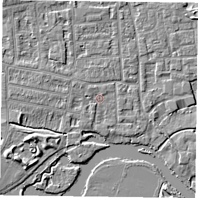 Shaded relief map of the ground around RG48EL, computed from Environment Agency LiDAR. The ground here sits at about 37 m above sea level and falls 6 m across the surrounding 800 m. Surface water reaching this point runs off ground lying to the west-south-west, 2.3 m higher.