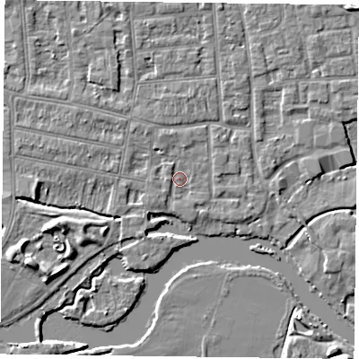 Shaded relief map of the ground around RG48EN, computed from Environment Agency LiDAR. The ground here sits at about 37 m above sea level and falls 6 m across the surrounding 800 m. Surface water reaching this point runs off ground lying to the west, 2.3 m higher.