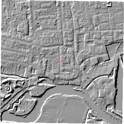 Shaded relief map of the ground around RG48EP, computed from Environment Agency LiDAR. The ground here sits at about 37 m above sea level and falls 6 m across the surrounding 800 m. Surface water reaching this point runs off ground lying to the south, 1.1 m higher.