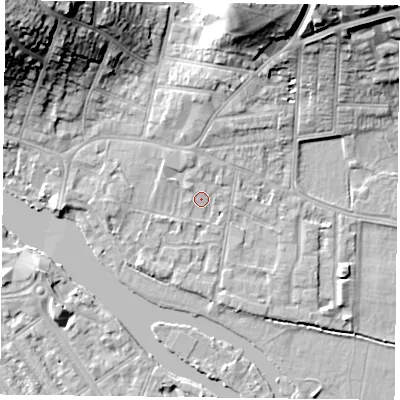 Shaded relief map of the ground around RG48EQ, computed from Environment Agency LiDAR. The ground here sits at about 38 m above sea level and falls 26 m across the surrounding 800 m. Surface water reaching this point runs off ground lying to the north, 1.6 m higher.