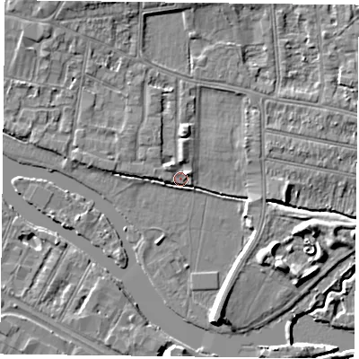 Shaded relief map of the ground around RG48ET, computed from Environment Agency LiDAR. The ground here sits at about 38 m above sea level and falls 7 m across the surrounding 800 m. Surface water reaching this point runs off ground lying to the north-west, 2.7 m higher.