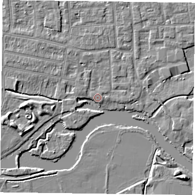 Shaded relief map of the ground around RG48EW, computed from Environment Agency LiDAR. The ground here sits at about 37 m above sea level and falls 7 m across the surrounding 800 m. Surface water reaching this point runs off ground lying to the east-north-east, 0.8 m higher.