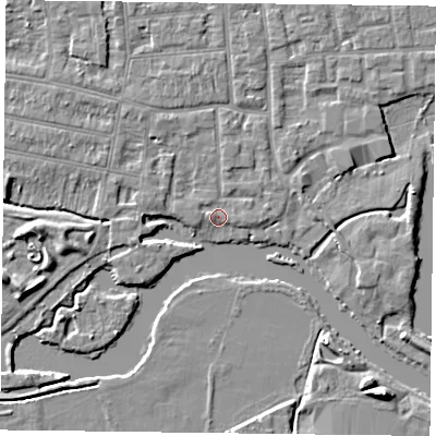 Shaded relief map of the ground around RG48EX, computed from Environment Agency LiDAR. The ground here sits at about 37 m above sea level and falls 7 m across the surrounding 800 m. Surface water reaching this point runs off ground lying to the north-north-east, 1.5 m higher.