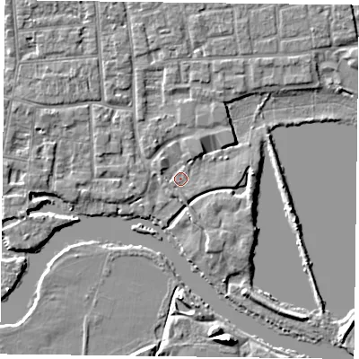 Shaded relief map of the ground around RG48EY, computed from Environment Agency LiDAR. The ground here sits at about 37 m above sea level and falls 6 m across the surrounding 800 m. Surface water reaching this point runs off ground lying to the west-north-west, 2.3 m higher.