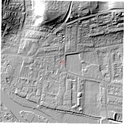 Shaded relief map of the ground around RG48HH, computed from Environment Agency LiDAR. The ground here sits at about 38 m above sea level and falls 21 m across the surrounding 800 m. Surface water reaching this point runs off ground lying to the north, 18.3 m higher.