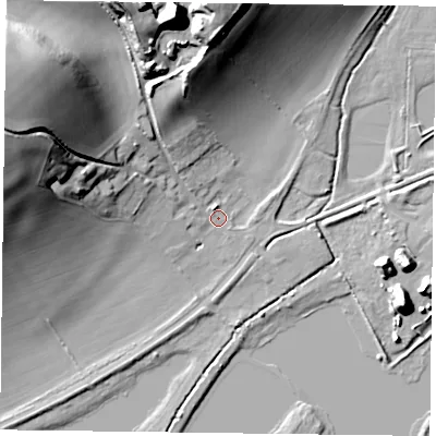 Shaded relief map of the ground around RG49QP, computed from Environment Agency LiDAR. The ground here sits at about 36 m above sea level and falls 36 m across the surrounding 800 m. Surface water reaching this point runs off ground lying to the north, 2.6 m higher.