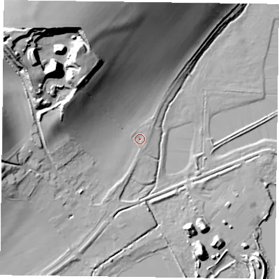 Shaded relief map of the ground around RG49QR, computed from Environment Agency LiDAR. The ground here sits at about 36 m above sea level and falls 42 m across the surrounding 800 m. Surface water reaching this point runs off ground lying to the north-north-west, 39.9 m higher.