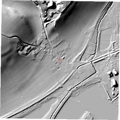 Shaded relief map of the ground around RG49QU, computed from Environment Agency LiDAR. The ground here sits at about 37 m above sea level and falls 37 m across the surrounding 800 m. Surface water reaching this point runs off ground lying to the west-north-west, 34.8 m higher.