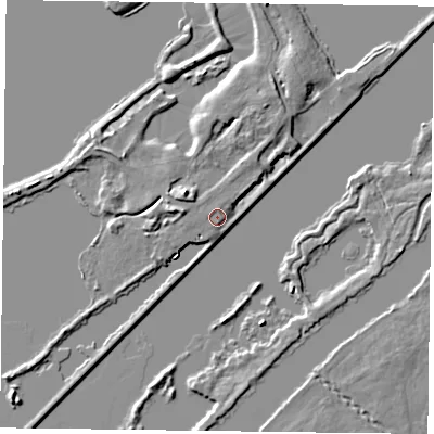 Shaded relief map of the ground around RG49RA, computed from Environment Agency LiDAR. The ground here sits at about 37 m above sea level and falls 5 m across the surrounding 800 m. Surface water reaching this point runs off ground lying to the north, 2.3 m higher.