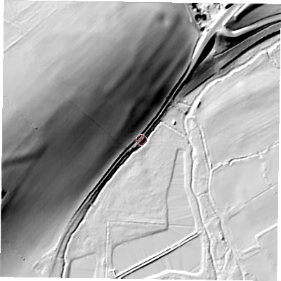 Shaded relief map of the ground around RG49RB, computed from Environment Agency LiDAR. The ground here sits at about 37 m above sea level and falls 45 m across the surrounding 800 m. Surface water reaching this point runs off ground lying to the north-west, 44.5 m higher.