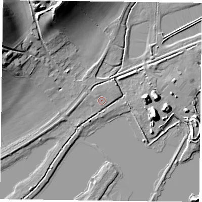 Shaded relief map of the ground around RG49RD, computed from Environment Agency LiDAR. The ground here sits at about 36 m above sea level and falls 25 m across the surrounding 800 m. Surface water reaching this point runs off ground lying to the north-north-west, 0.6 m higher.