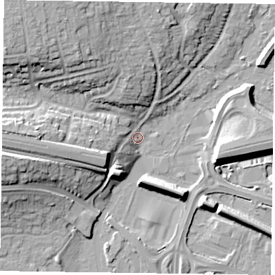 Shaded relief map of the ground around RG54AS, computed from Environment Agency LiDAR. The ground here sits at about 39 m above sea level and falls 17 m across the surrounding 800 m. Surface water reaching this point runs off ground lying to the north-west, 16.0 m higher.