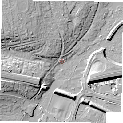 Shaded relief map of the ground around RG54AT, computed from Environment Agency LiDAR. The ground here sits at about 39 m above sea level and falls 16 m across the surrounding 800 m. Surface water reaching this point runs off ground lying to the north-west, 14.0 m higher.
