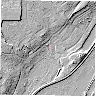Shaded relief map of the ground around RG54BZ, computed from Environment Agency LiDAR. The ground here sits at about 39 m above sea level and falls 11 m across the surrounding 800 m. Surface water reaching this point runs off ground lying to the north, 2.2 m higher.