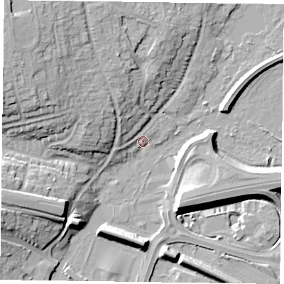 Shaded relief map of the ground around RG54DL, computed from Environment Agency LiDAR. The ground here sits at about 39 m above sea level and falls 16 m across the surrounding 800 m. Surface water reaching this point runs off ground lying to the west-south-west, 3.3 m higher.