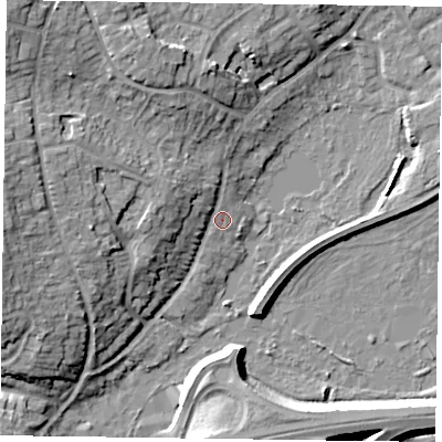 Shaded relief map of the ground around RG54DN, computed from Environment Agency LiDAR. The ground here sits at about 40 m above sea level and falls 13 m across the surrounding 800 m. Surface water reaching this point runs off ground lying to the west-north-west, 5.2 m higher.