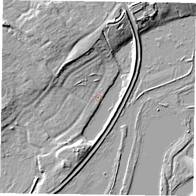 Shaded relief map of the ground around RG54DR, computed from Environment Agency LiDAR. The ground here sits at about 39 m above sea level and falls 10 m across the surrounding 800 m. Surface water reaching this point runs off ground lying to the north-north-east, 9.3 m higher.