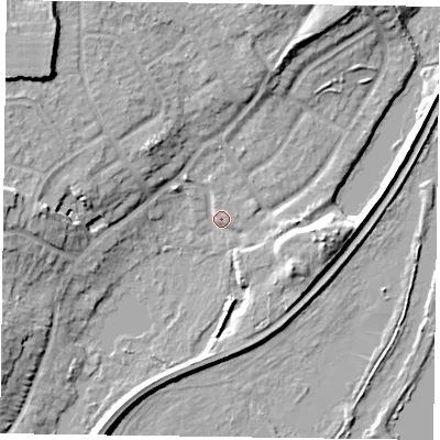 Shaded relief map of the ground around RG54DT, computed from Environment Agency LiDAR. The ground here sits at about 39 m above sea level and falls 11 m across the surrounding 800 m. Surface water reaching this point runs off ground lying to the west-north-west, 9.3 m higher.