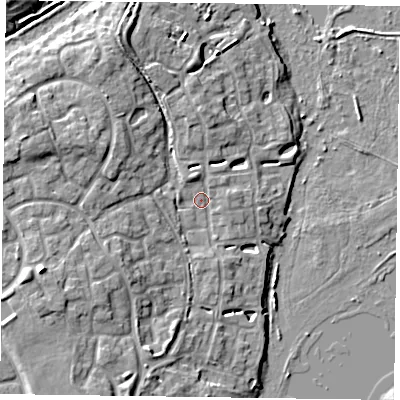 Shaded relief map of the ground around RG54DY, computed from Environment Agency LiDAR. The ground here sits at about 40 m above sea level and falls 12 m across the surrounding 800 m. Surface water reaching this point runs off ground lying to the west-south-west, 8.3 m higher.
