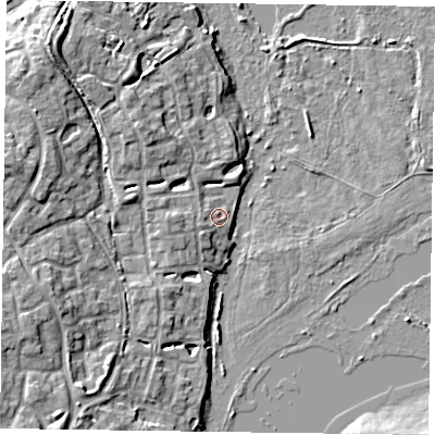 Shaded relief map of the ground around RG54FB, computed from Environment Agency LiDAR. The ground here sits at about 39 m above sea level and falls 10 m across the surrounding 800 m. Surface water reaching this point runs off ground lying to the west-south-west, 1.9 m higher.