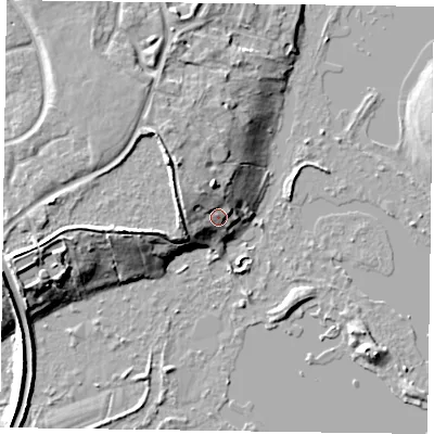 Shaded relief map of the ground around RG54TB, computed from Environment Agency LiDAR. The ground here sits at about 42 m above sea level and falls 11 m across the surrounding 800 m. Surface water reaching this point runs off ground lying to the north-west, 4.8 m higher.