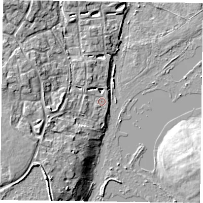 Shaded relief map of the ground around RG54WP, computed from Environment Agency LiDAR. The ground here sits at about 39 m above sea level and falls 11 m across the surrounding 800 m. Surface water reaching this point runs off ground lying to the west-south-west, 6.3 m higher.