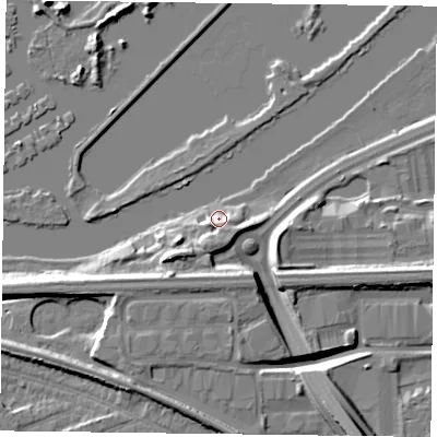 Shaded relief map of the ground around RG61PQ, computed from Environment Agency LiDAR. The ground here sits at about 39 m above sea level and falls 14 m across the surrounding 800 m. Surface water reaching this point runs off ground lying to the south, 3.1 m higher.