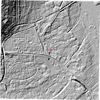 Shaded relief map of the ground around RG63AA, computed from Environment Agency LiDAR. The ground here sits at about 40 m above sea level and falls 16 m across the surrounding 800 m. Surface water reaching this point runs off ground lying to the west, 1.3 m higher.