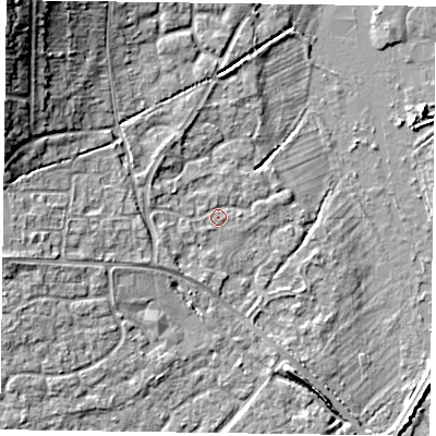 Shaded relief map of the ground around RG63AB, computed from Environment Agency LiDAR. The ground here sits at about 40 m above sea level and falls 14 m across the surrounding 800 m. Surface water reaching this point runs off ground lying to the north-west, 12.5 m higher.