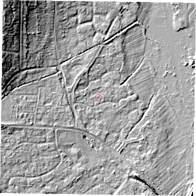 Shaded relief map of the ground around RG63AD, computed from Environment Agency LiDAR. The ground here sits at about 40 m above sea level and falls 15 m across the surrounding 800 m. Surface water reaching this point runs off ground lying to the north-west, 13.7 m higher.