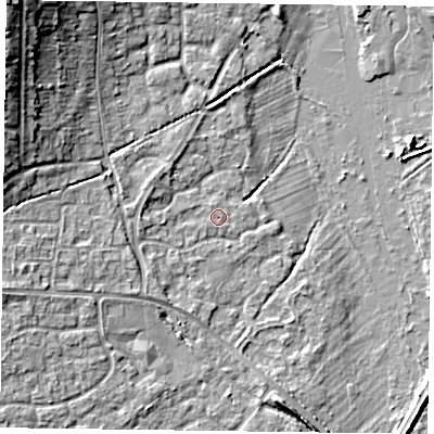 Shaded relief map of the ground around RG63AE, computed from Environment Agency LiDAR. The ground here sits at about 40 m above sea level and falls 15 m across the surrounding 800 m. Surface water reaching this point runs off ground lying to the north-north-west, 0.6 m higher.