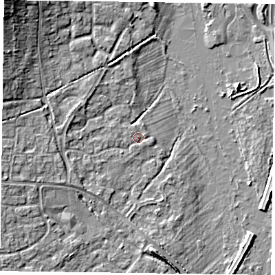 Shaded relief map of the ground around RG63AF, computed from Environment Agency LiDAR. The ground here sits at about 40 m above sea level and falls 10 m across the surrounding 800 m. Surface water reaching this point runs off ground lying to the north-west, 9.3 m higher.