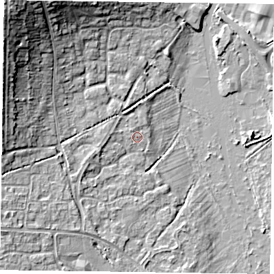 Shaded relief map of the ground around RG63AJ, computed from Environment Agency LiDAR. The ground here sits at about 40 m above sea level and falls 16 m across the surrounding 800 m. Surface water reaching this point runs off ground lying to the north-west, 0.7 m higher.
