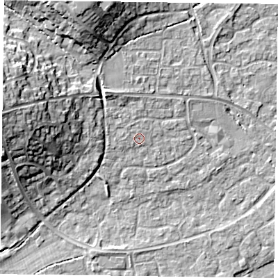 Shaded relief map of the ground around RG63AN, computed from Environment Agency LiDAR. The ground here sits at about 42 m above sea level and falls 16 m across the surrounding 800 m. Surface water reaching this point runs off ground lying to the north-north-west, 0.9 m higher.