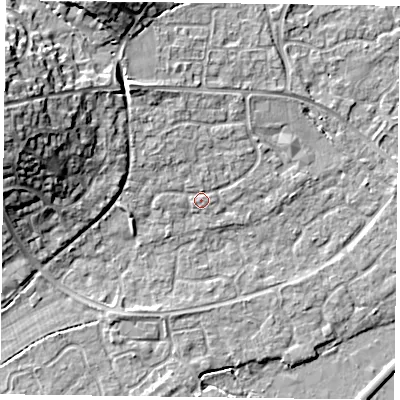 Shaded relief map of the ground around RG63AP, computed from Environment Agency LiDAR. The ground here sits at about 41 m above sea level and falls 14 m across the surrounding 800 m. Surface water reaching this point runs off ground lying to the north-north-west, 1.6 m higher.