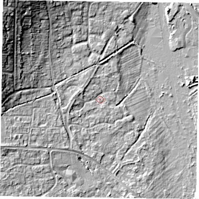 Shaded relief map of the ground around RG63AQ, computed from Environment Agency LiDAR. The ground here sits at about 40 m above sea level and falls 16 m across the surrounding 800 m. Surface water reaching this point runs off ground lying to the west, 1.9 m higher.