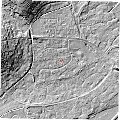 Shaded relief map of the ground around RG63AR, computed from Environment Agency LiDAR. The ground here sits at about 41 m above sea level and falls 14 m across the surrounding 800 m. Surface water reaching this point runs off ground lying to the north-west, 3.8 m higher.