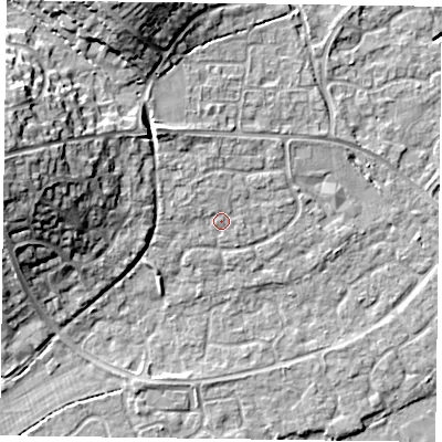 Shaded relief map of the ground around RG63AS, computed from Environment Agency LiDAR. The ground here sits at about 42 m above sea level and falls 15 m across the surrounding 800 m. Surface water reaching this point runs off ground lying to the north-north-west, 1.2 m higher.