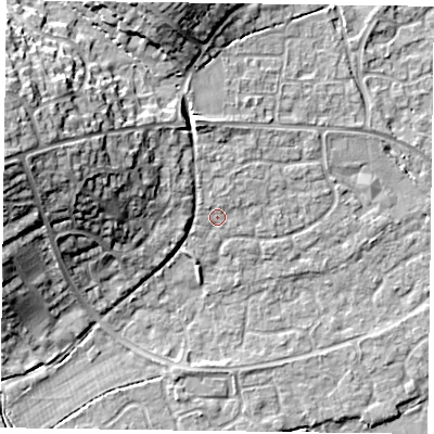 Shaded relief map of the ground around RG63AT, computed from Environment Agency LiDAR. The ground here sits at about 42 m above sea level and falls 17 m across the surrounding 800 m. Surface water reaching this point runs off ground lying to the north-north-west, 1.8 m higher.