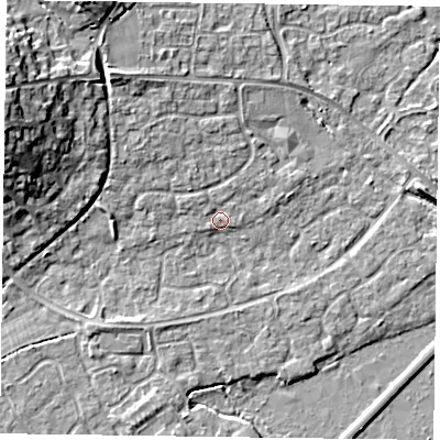 Shaded relief map of the ground around RG63AX, computed from Environment Agency LiDAR. The ground here sits at about 41 m above sea level and falls 12 m across the surrounding 800 m. Surface water reaching this point runs off ground lying to the north-west, 4.4 m higher.