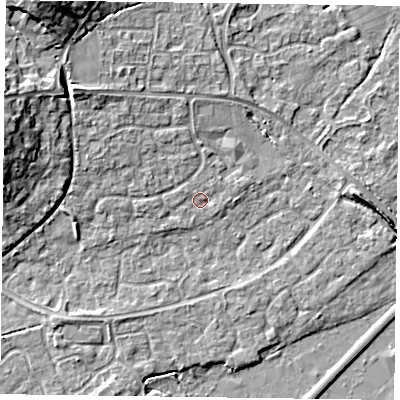 Shaded relief map of the ground around RG63AY, computed from Environment Agency LiDAR. The ground here sits at about 41 m above sea level and falls 11 m across the surrounding 800 m. Surface water reaching this point runs off ground lying to the north-north-west, 1.3 m higher.