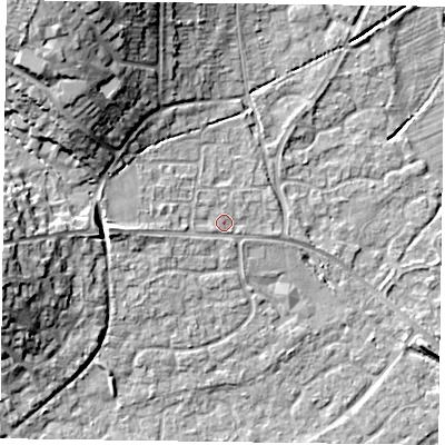 Shaded relief map of the ground around RG63AZ, computed from Environment Agency LiDAR. The ground here sits at about 42 m above sea level and falls 17 m across the surrounding 800 m. Surface water reaching this point runs off ground lying to the north-west, 13.7 m higher.