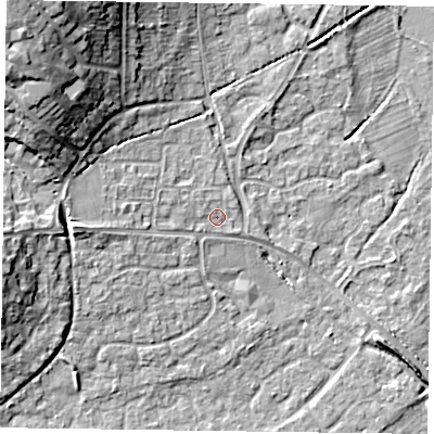 Shaded relief map of the ground around RG63BA, computed from Environment Agency LiDAR. The ground here sits at about 41 m above sea level and falls 17 m across the surrounding 800 m. Surface water reaching this point runs off ground lying to the west-north-west, 1.4 m higher.
