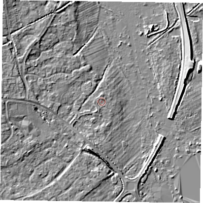 Shaded relief map of the ground around RG63BB, computed from Environment Agency LiDAR. The ground here sits at about 39 m above sea level and falls 4 m across the surrounding 800 m. Surface water reaching this point runs off ground lying to the north-north-east, 0.6 m higher.