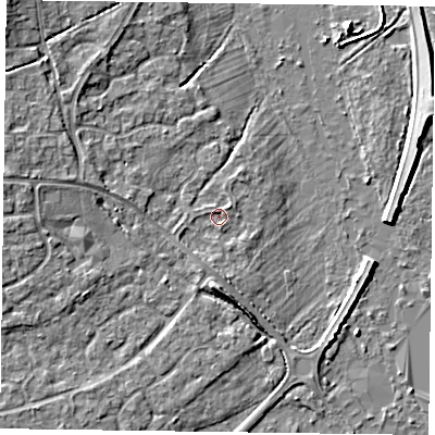 Shaded relief map of the ground around RG63BD, computed from Environment Agency LiDAR. The ground here sits at about 39 m above sea level and falls 5 m across the surrounding 800 m. Surface water reaching this point runs off ground lying to the south-south-west, 1.2 m higher.