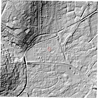 Shaded relief map of the ground around RG63BG, computed from Environment Agency LiDAR. The ground here sits at about 42 m above sea level and falls 17 m across the surrounding 800 m. Surface water reaching this point runs off ground lying to the west-north-west, 10.4 m higher.