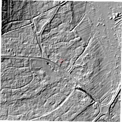 Shaded relief map of the ground around RG63BH, computed from Environment Agency LiDAR. The ground here sits at about 40 m above sea level and falls 11 m across the surrounding 800 m. Surface water reaching this point runs off ground lying to the west, 1.0 m higher.